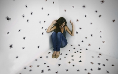 A young woman crouched in terror while surrounded by spiders