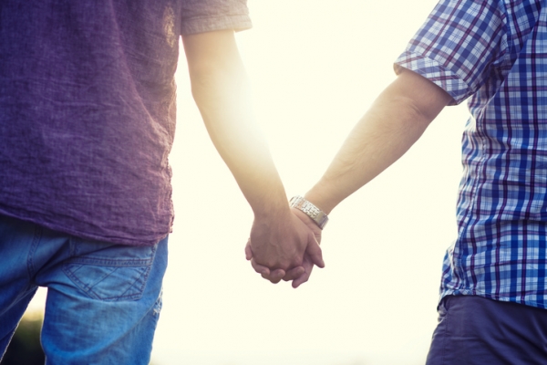 Gay couple holding hands and enjoying the summer