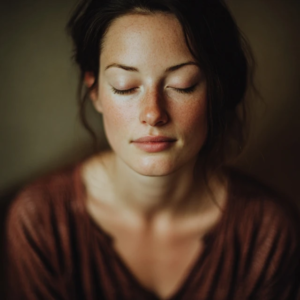 A realistic and emotional photograph of a woman in her early thirties sitting alone at a kitchen table late at night. Around her, subtle signs of binge eating (empty food wrappers, crumbs) and a half-finished bottle of alcohol. Her posture shows exhaustion and overwhelm, with her head slightly lowered and hands resting near the bottle. Soft, dim ambient lighting, warm shadows mixed with cool tones to reflect emotional conflict. The scene conveys vulnerability, loss of control, and the silent struggle between binge eating and alcohol. Cinematic composition, shallow depth of field, natural colors, intimate and compassionate mood.