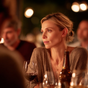 A realistic photograph of a woman in her early thirties sitting at a dinner table or bar with friends. Everyone else has stopped drinking, but she hesitates, holding a nearly empty glass while another bottle is being offered. Subtle emotional tension in her expression — wanting to fit in but feeling uneasy. Warm ambient evening light, soft bokeh, natural colors. The atmosphere shows social pressure, inner conflict, and the feeling of being the last to say yes to another drink. Cinematic composition, high-resolution, authentic mood.