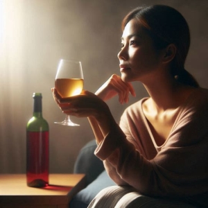 "Split image of the same woman: on the left, she is alone at night, visibly stressed, pouring wine; on the right, she is smiling in daylight, holding a smoothie, symbolizing recovery and freedom from alcohol through hypnosis."