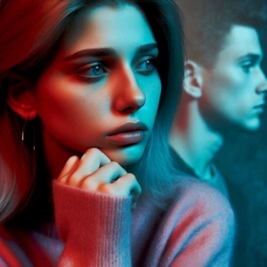 Femme triste seule, pense à une relation passée, visage mélancolique, couleurs contrastées.