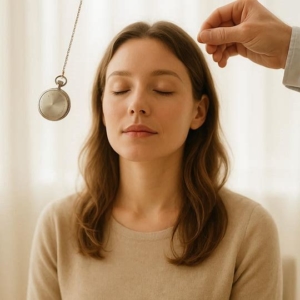 Femme détendue yeux fermés, séance d’hypnose, ambiance douce et lumineuse.