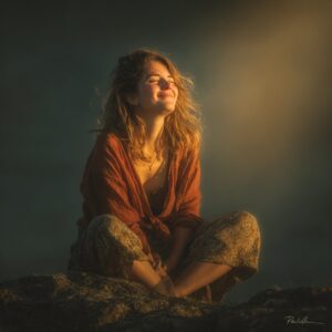 même femme assise au soleil, sourire doux, lumière dorée sur son visage, ambiance d’espoir et de transformation.