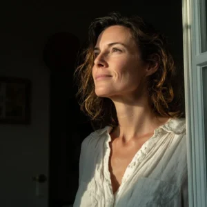 même femme debout près d’une fenêtre, lumière dorée sur le visage, expression sereine, posture droite mais détendue, métaphore de la confiance retrouvée.