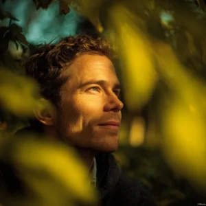 même homme dehors, assis dans un parc ensoleillé, lumière dorée filtrant à travers les arbres, expression de clarté et de paix retrouvée.