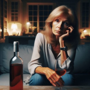 "Photographie réaliste d’une femme d’âge moyen souriante et détendue, assise dans une pièce lumineuse avec une tasse de thé, expression sereine et confiante, ambiance claire et positive."