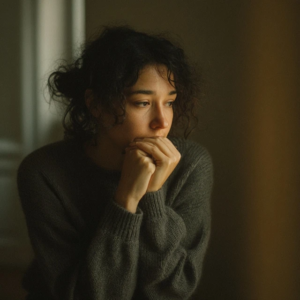 A realistic square photograph of an adult sitting alone in a softly lit room, looking anxious, checking their pulse or touching a part of their body with worry. Their expression shows fear of illness. Warm neutral light, cinematic mood, shallow depth of field, visible emotional tension, high-quality photography, 1:1.