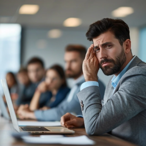 imagine realistic photograph of a modern professional man in a meeting room, sitting at a conference table, tense expression, subtle signs of stress, slight frown, hand touching his forehead, colleagues blurred in the background, cool neutral office lighting, shallow depth of field focusing on his emotional discomfort, contemporary business environment, clean composition, realistic high-resolution photography --ar 1:1 --v 6