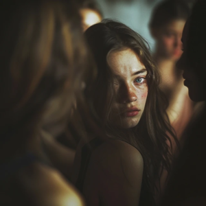 imagine realistic photograph of a young woman in a social setting, standing slightly apart from a small group, the group softly blurred as they whisper or laugh